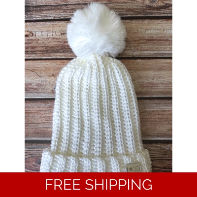 Adult Hat with Faux Fur Pom Pom (White) Adult Hat with Faux Fur Pom Pom (White)